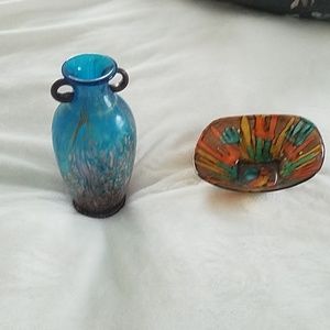 Blue vase from Pier 1 and multi color candy dish